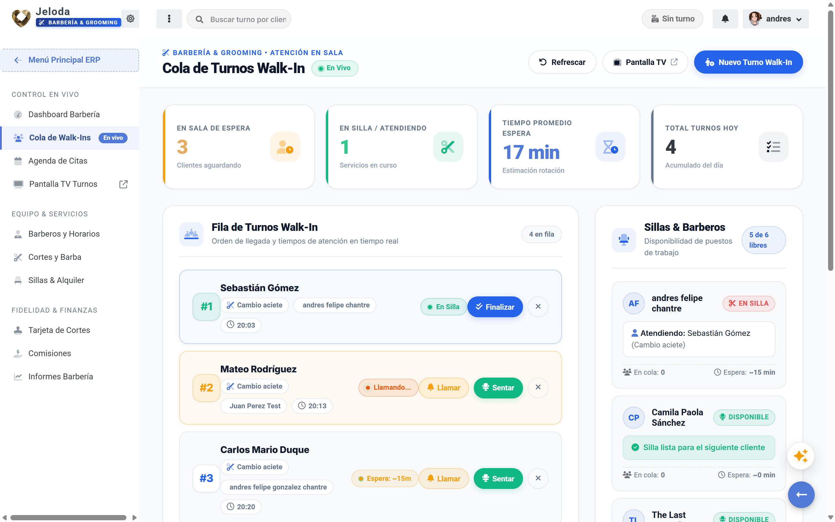 Gestión de cola digital de turnos walk-in para barberías en Jeloda