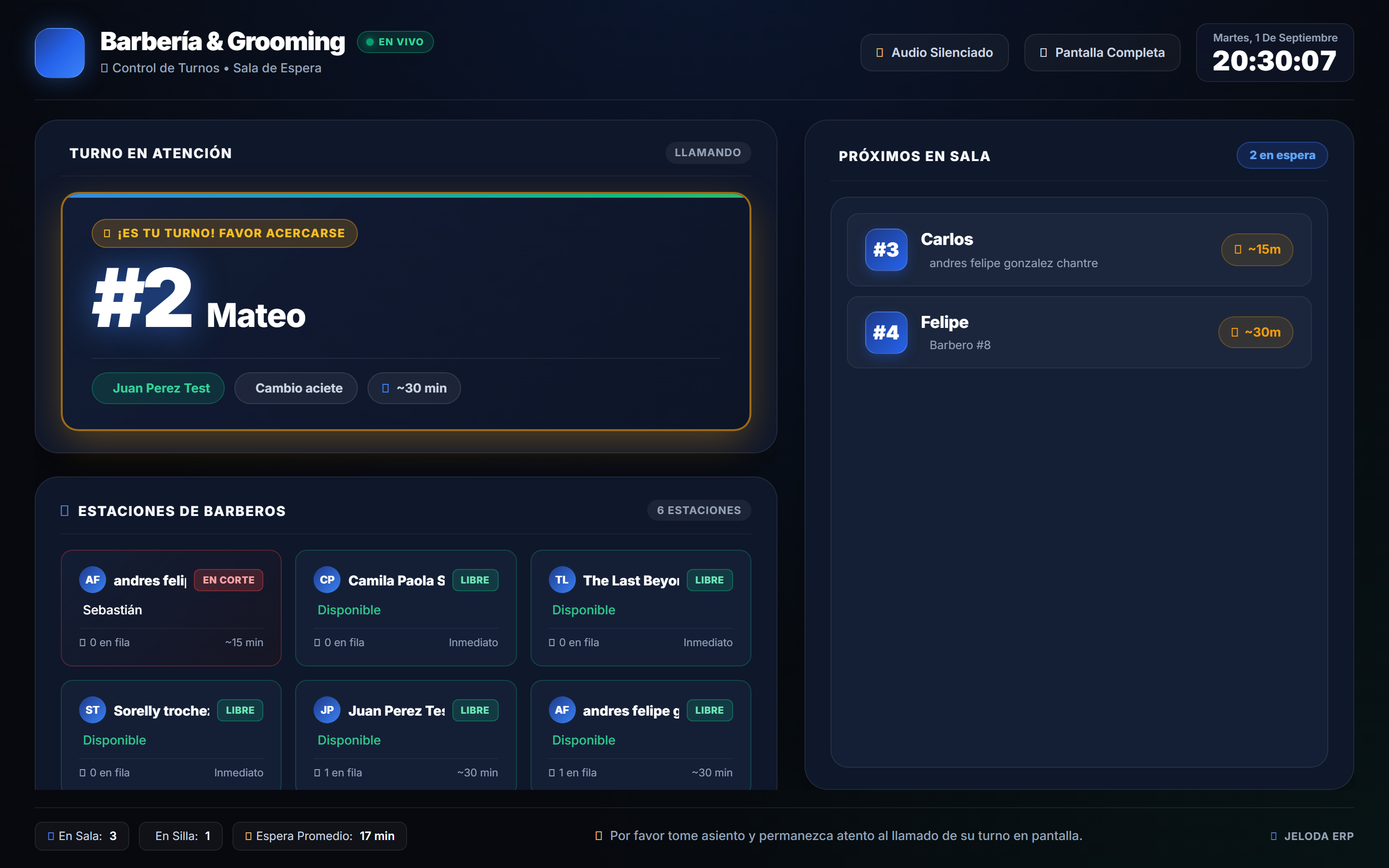 Pantalla Smart TV de turnos en vivo para sala de espera de barberías en Jeloda