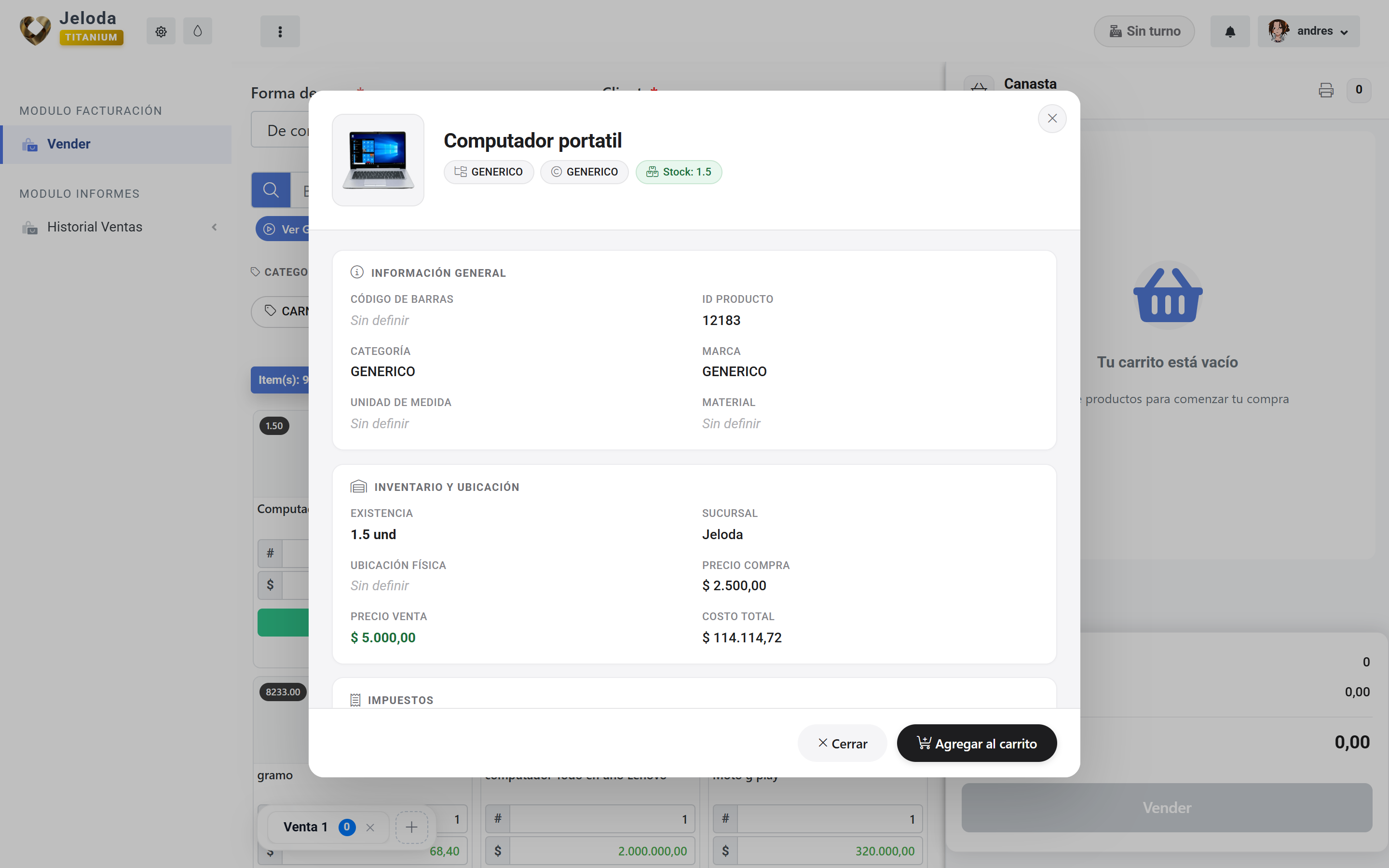 Pantalla real de emisión de factura electrónica en el punto de venta de Jeloda con selección de cliente y productos