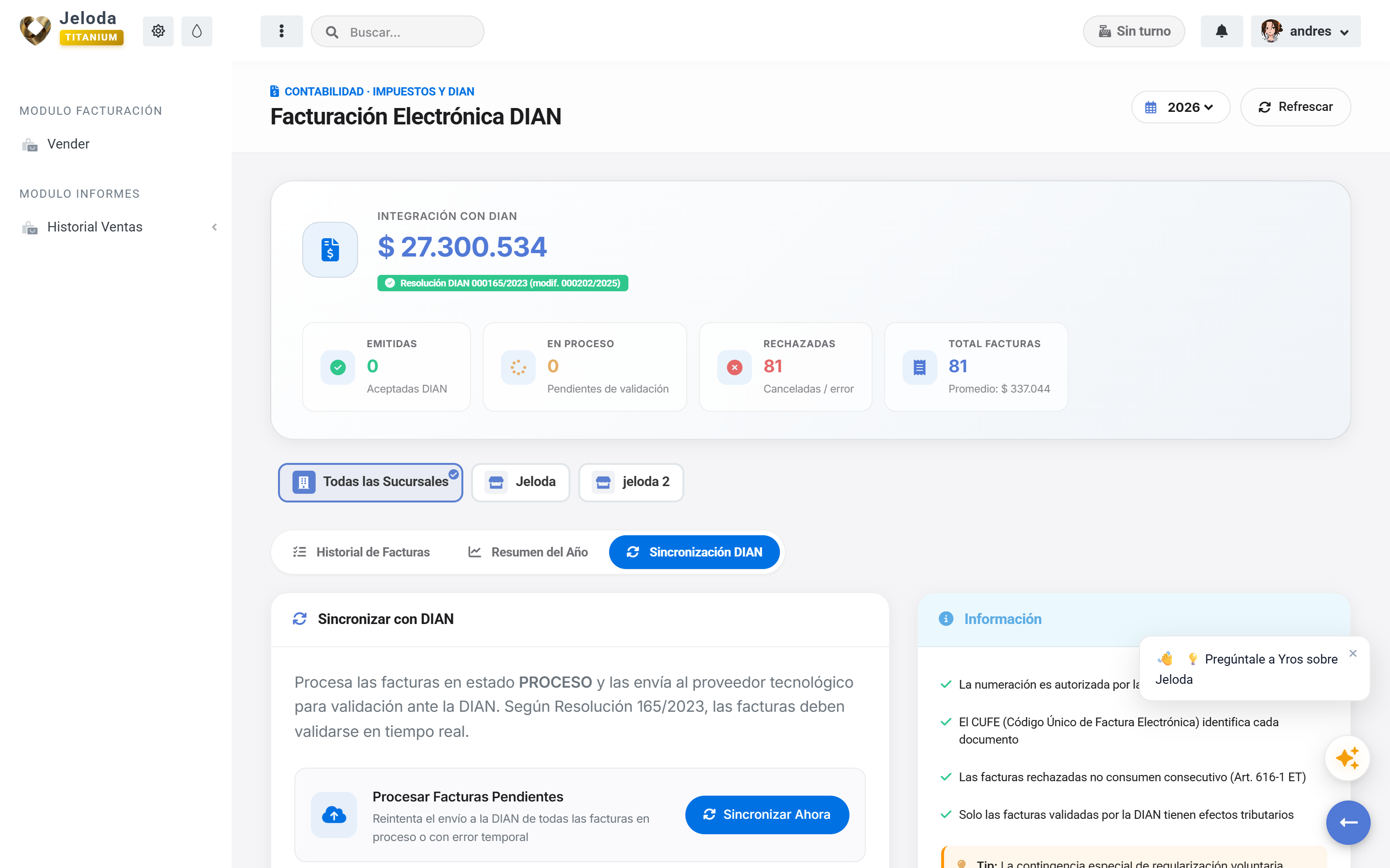 Panel de sincronización y validación de estados DIAN en tiempo real dentro de Jeloda
