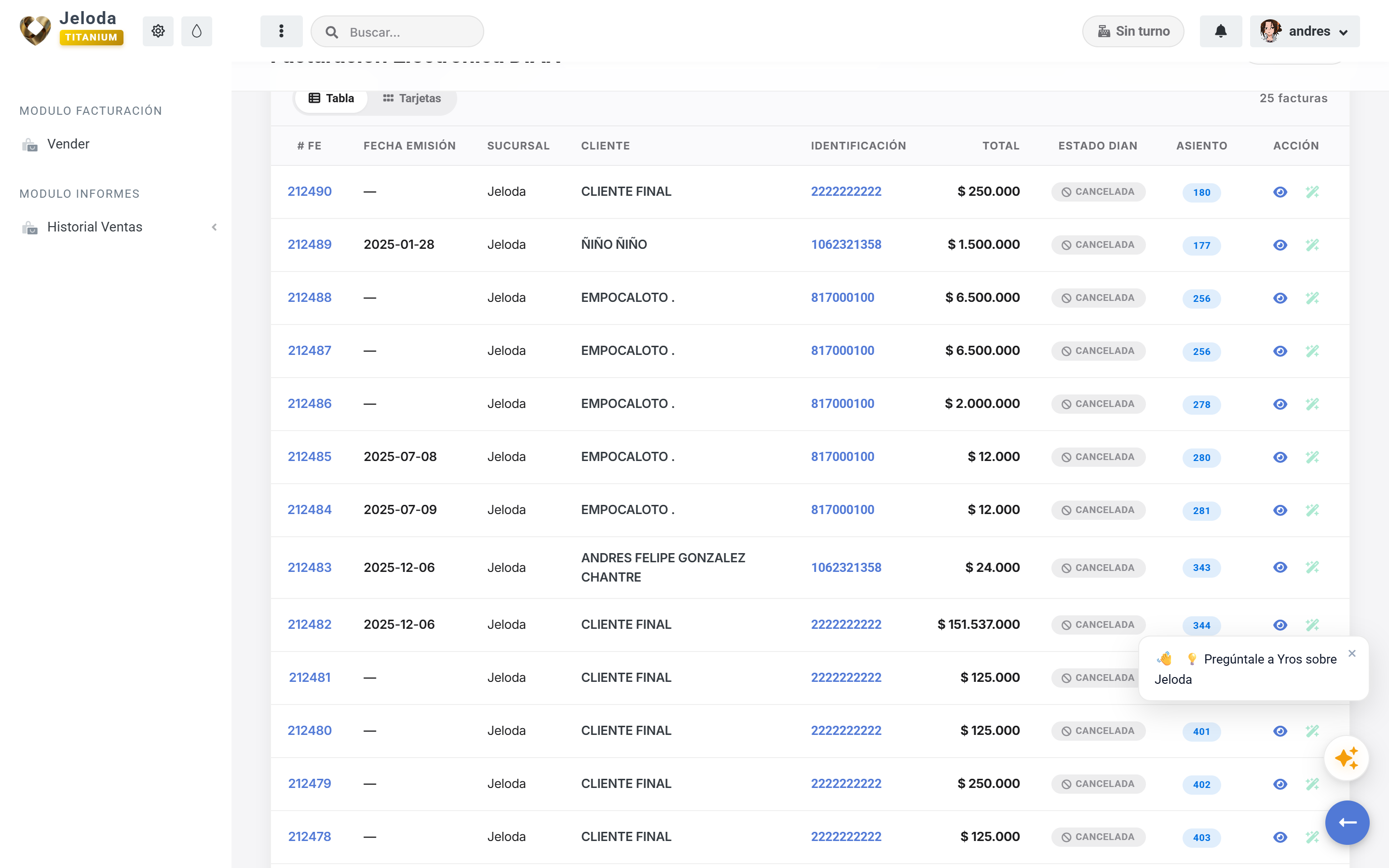 Historial completo de facturas electrónicas con filtros y estados en Jeloda
