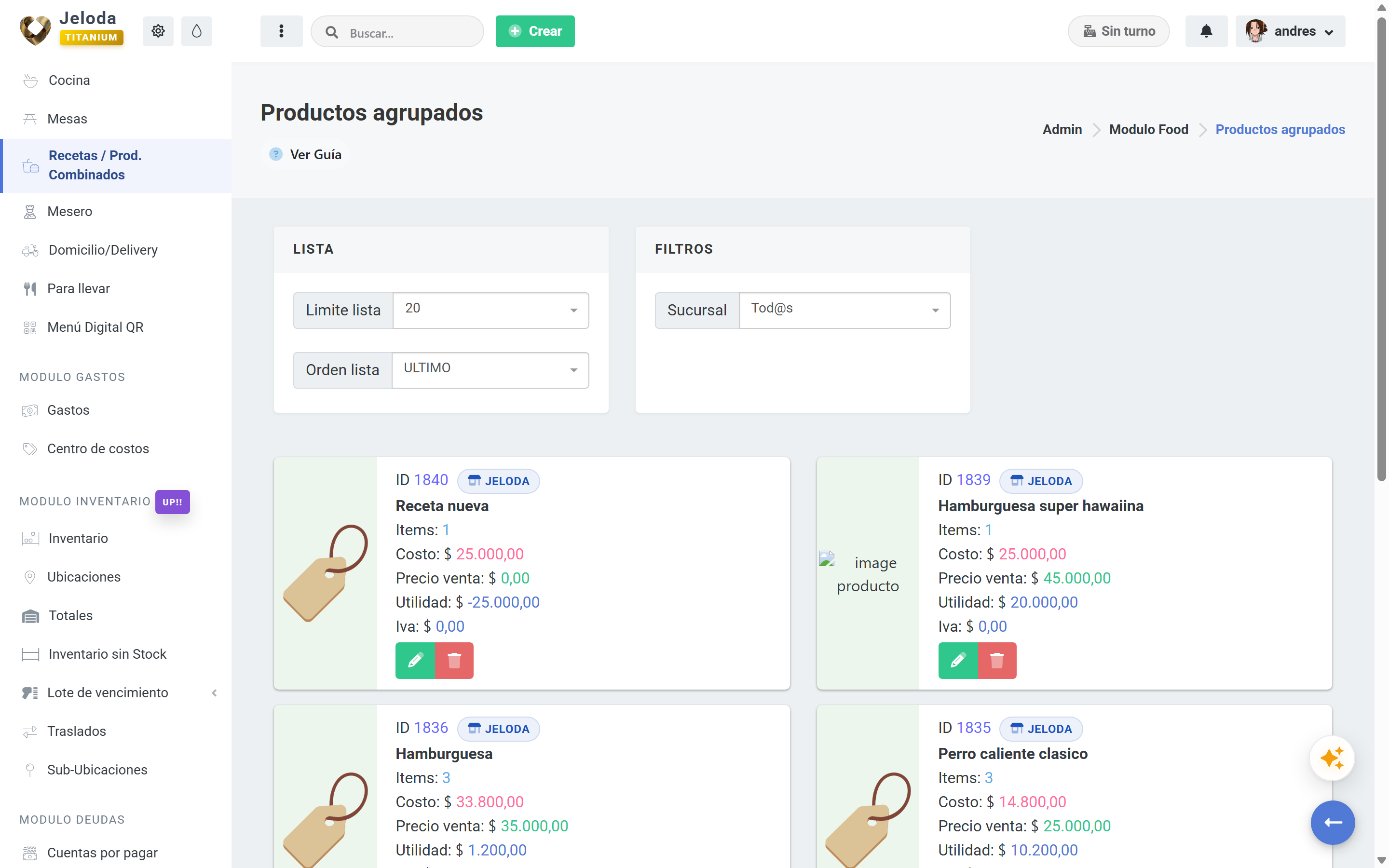 Combos, costeo de recetas y margen de utilidad para restaurantes en Jeloda