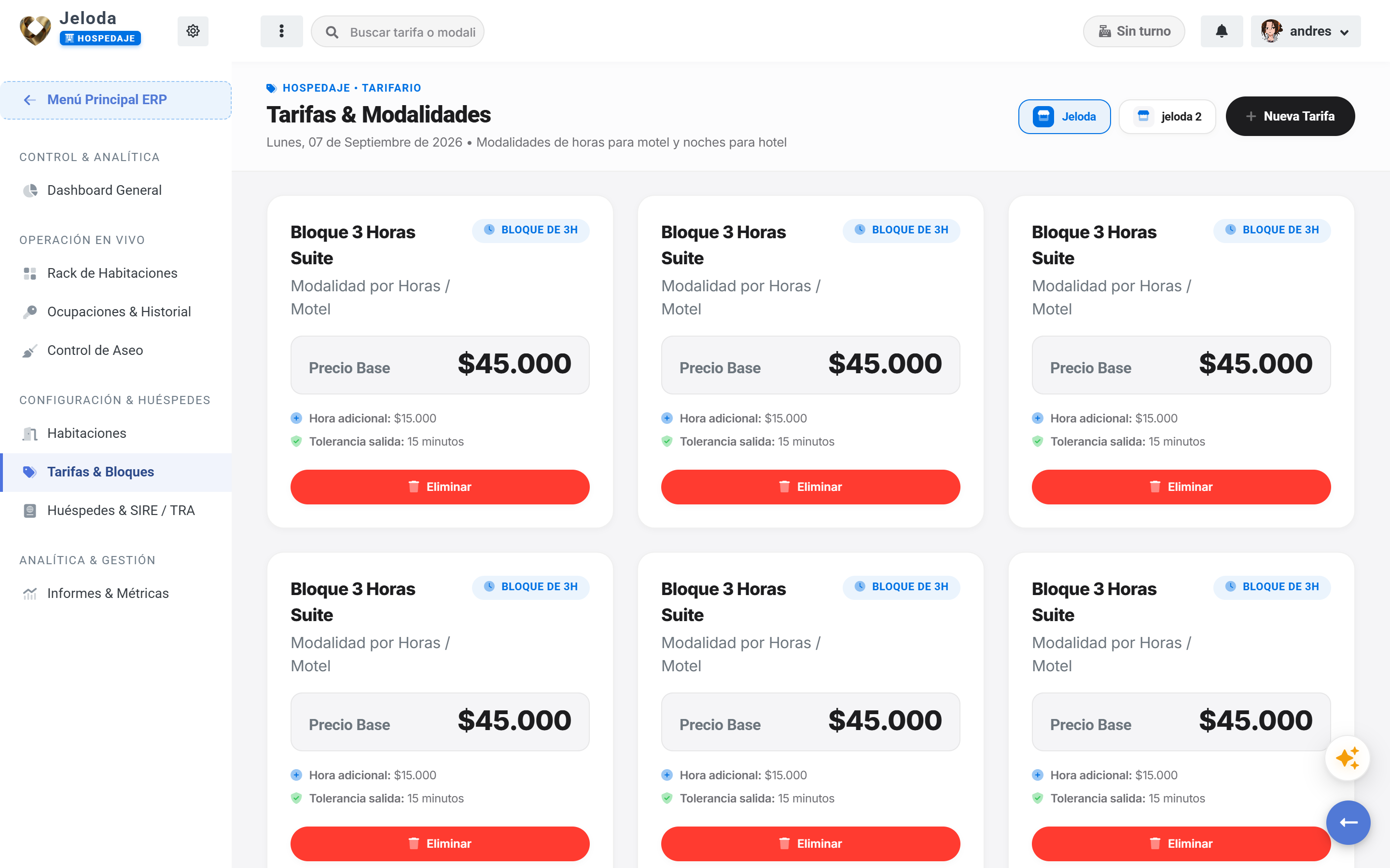 Módulo de configuración de tarifas por bloques de horas para moteles en Jeloda