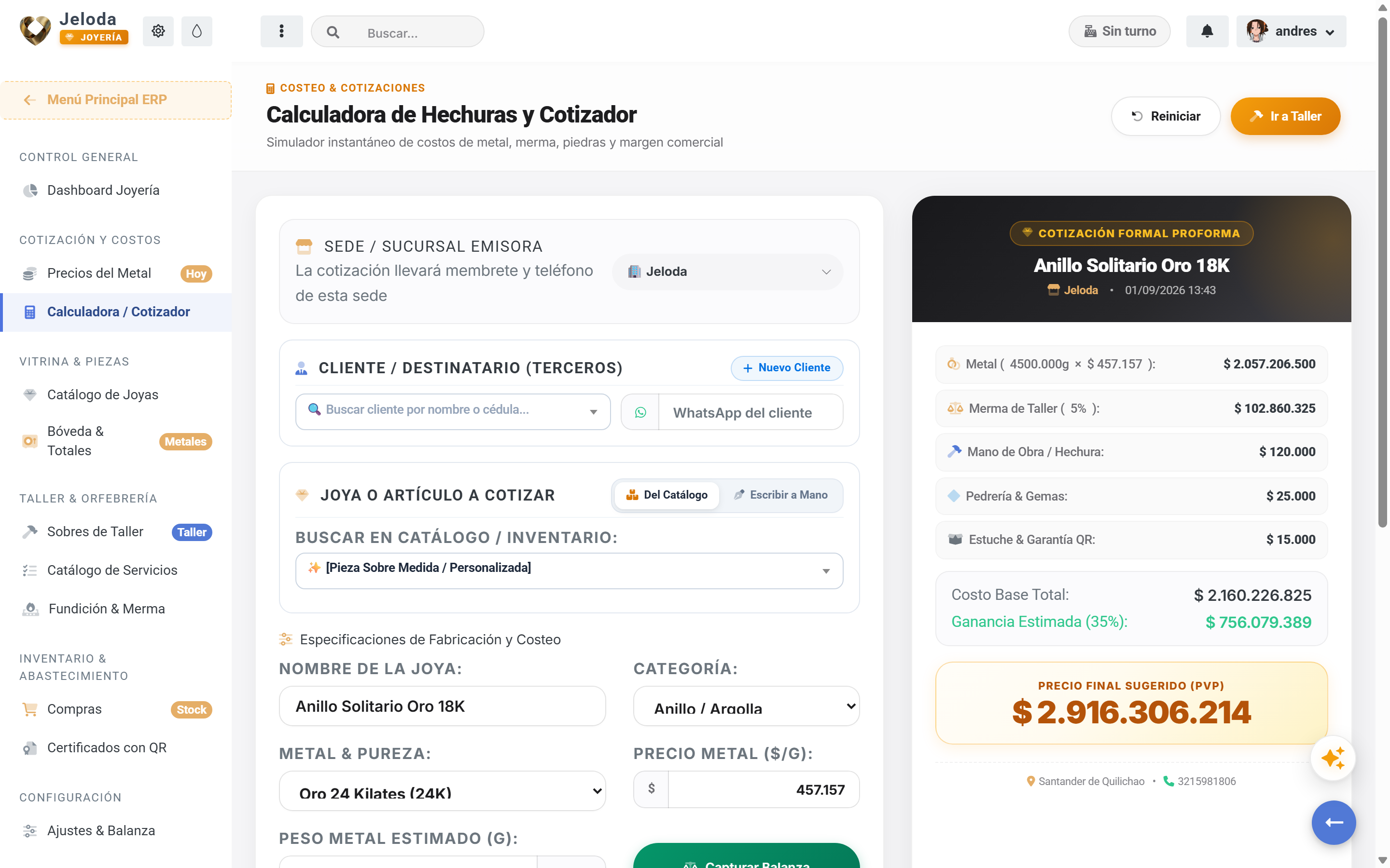 Calculadora de gramaje y cotizaciones de joyería en tiempo real en Jeloda