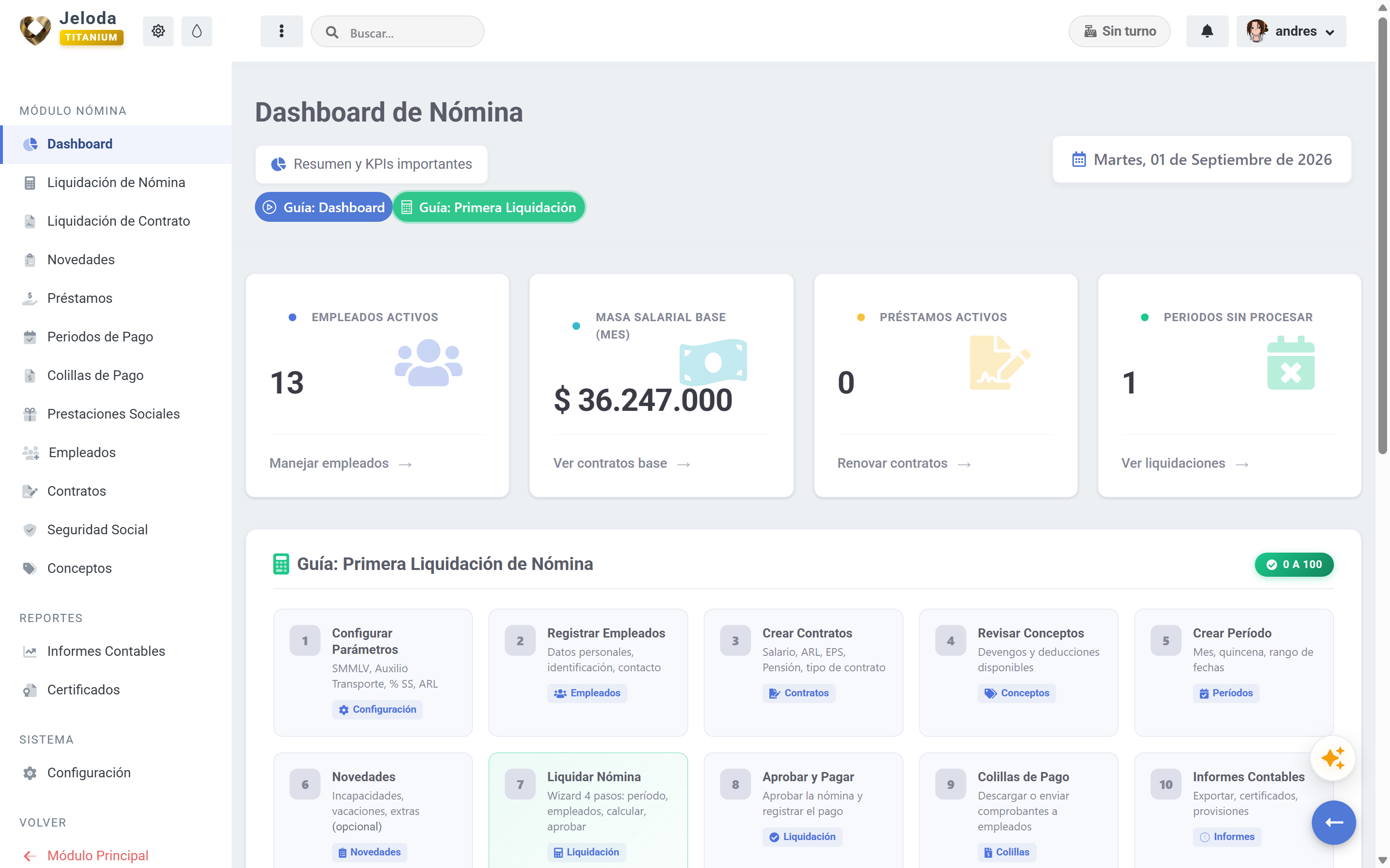Dashboard general de nómina electrónica en Jeloda mostrando KPIs de masa salarial y empleados activos