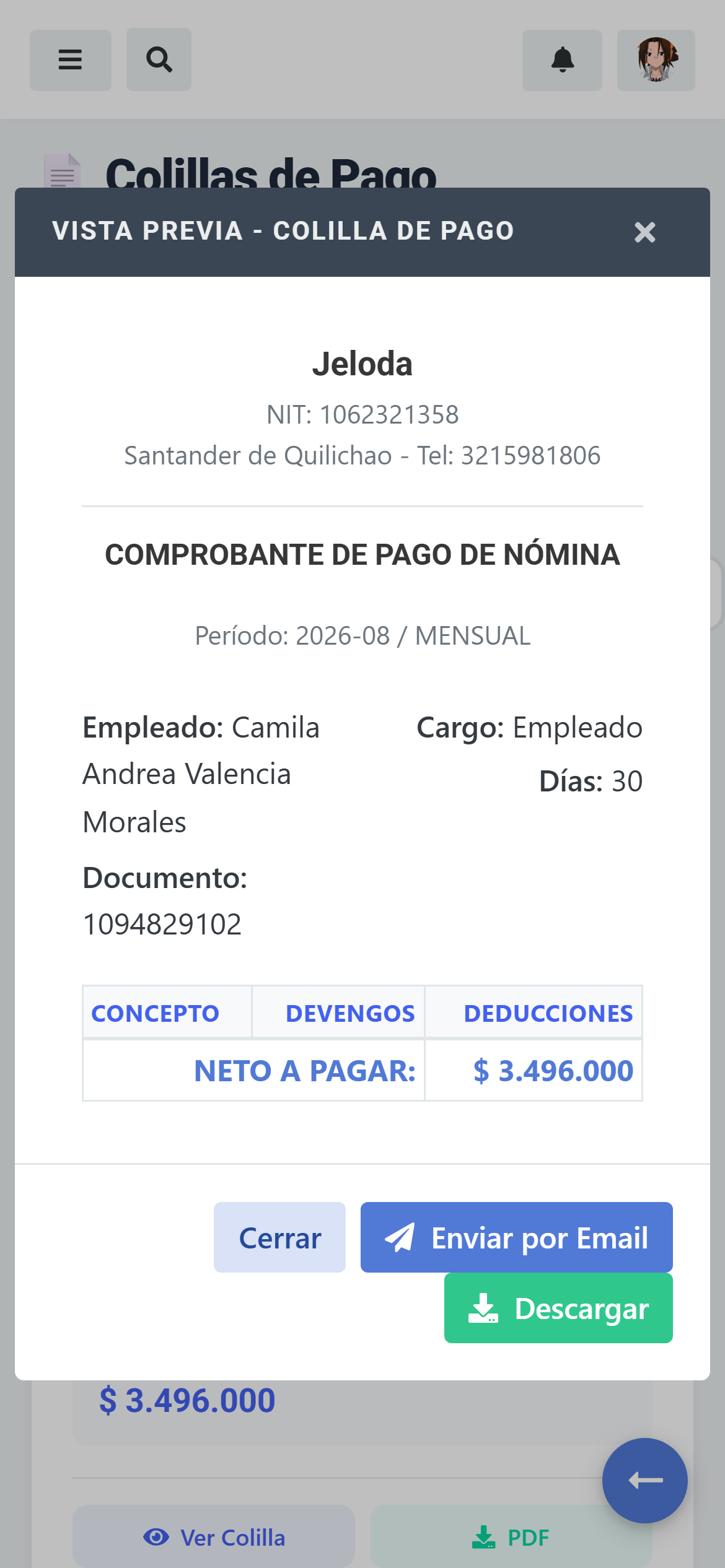 Comprobante y colilla de nómina electrónica en vista smartphone responsive en Jeloda
