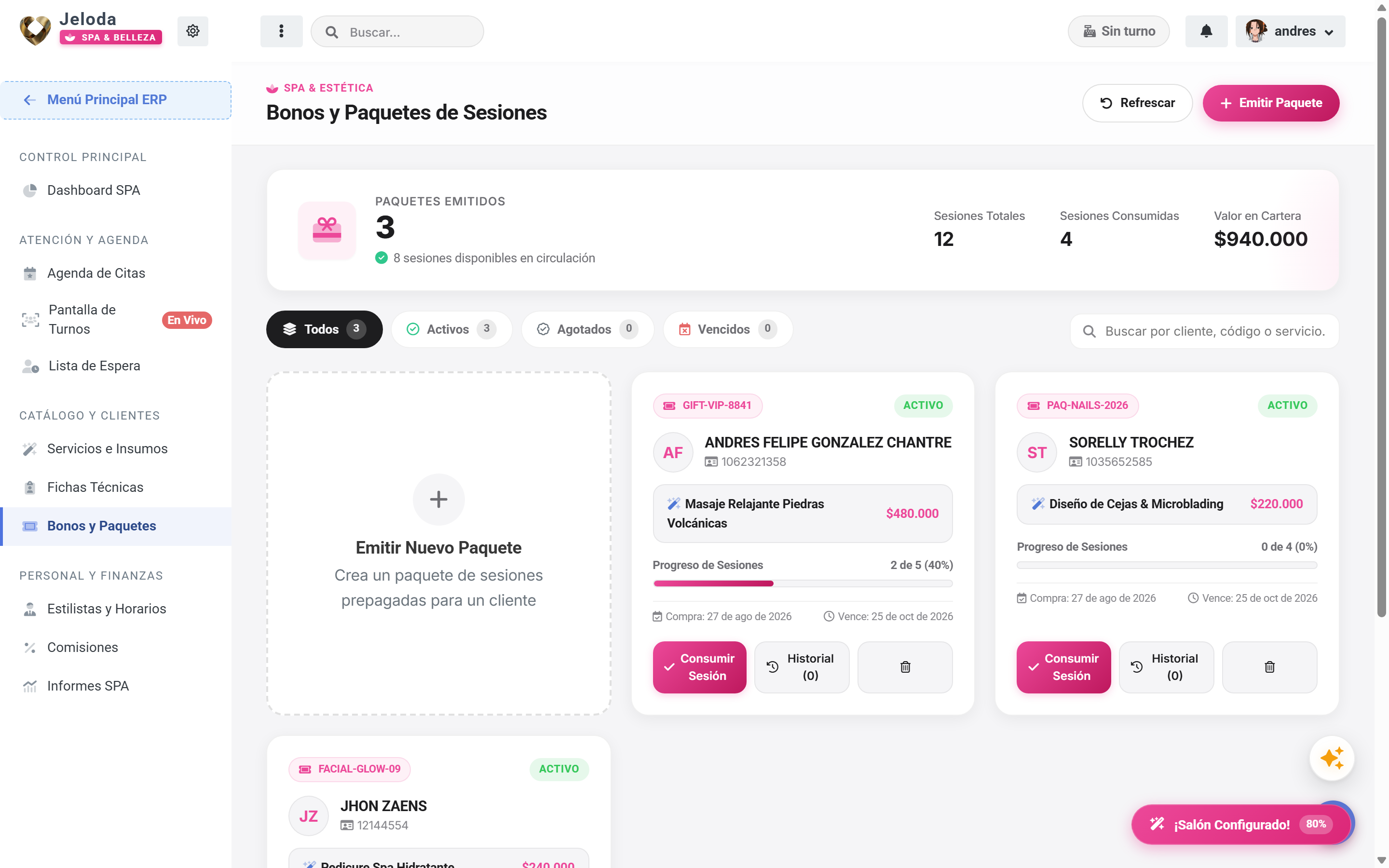 Módulo de bonos prepago y paquetes de sesiones para spas en Jeloda