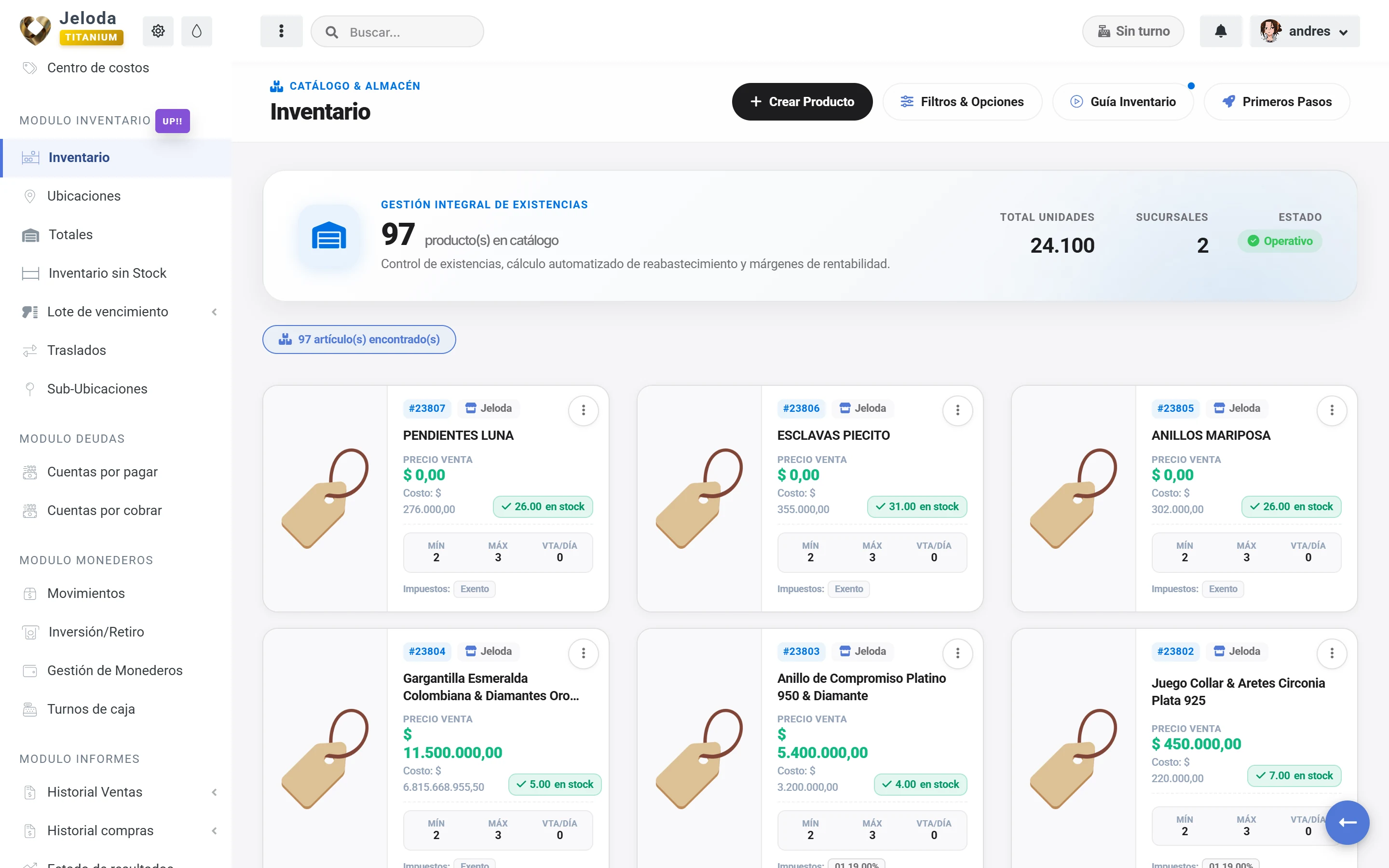 Módulo real de inventarios, kardex digital y existencias en tiempo real de Jeloda