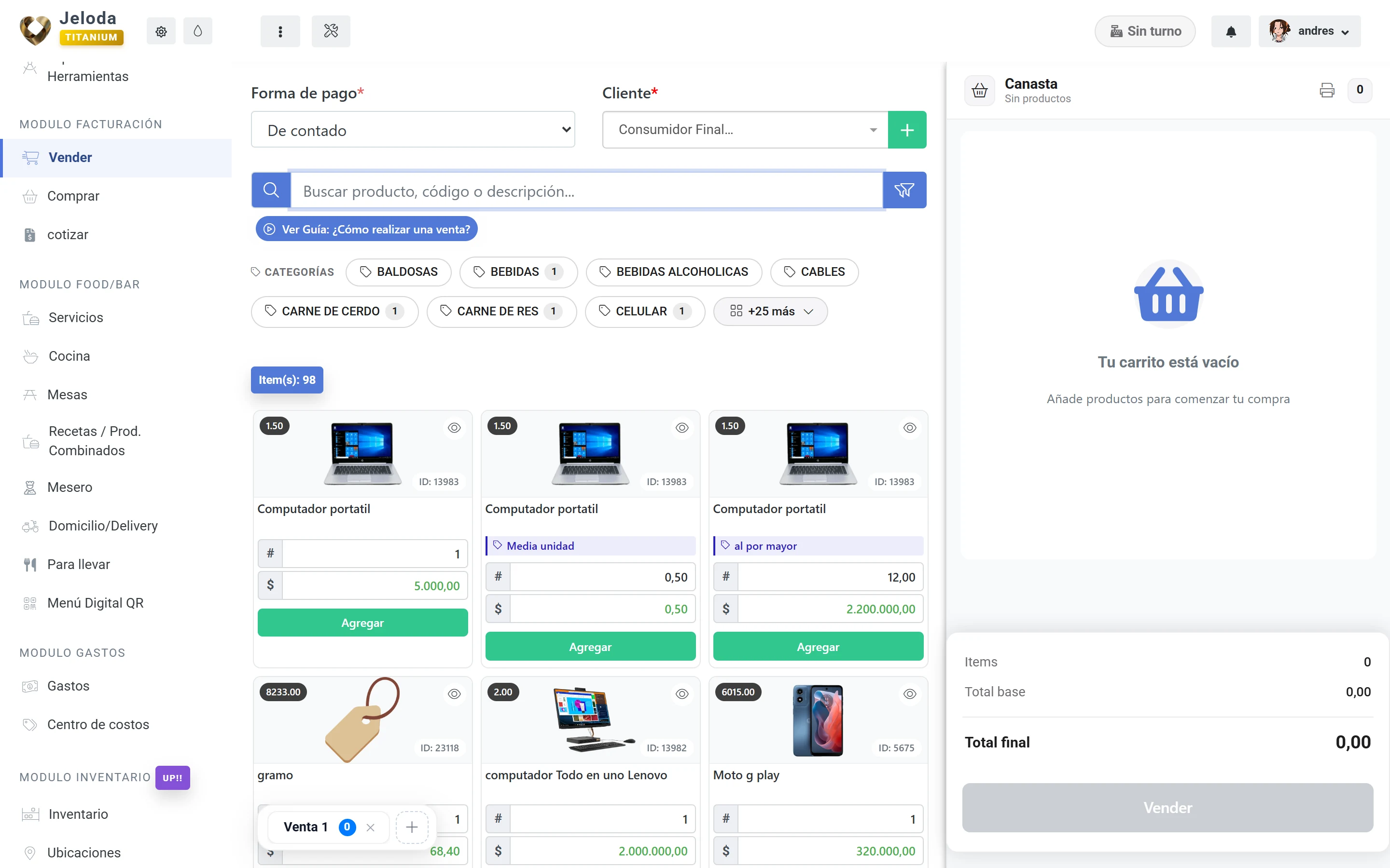 Pantalla real del software punto de venta POS mostrador Jeloda con caja y catálogo de productos
