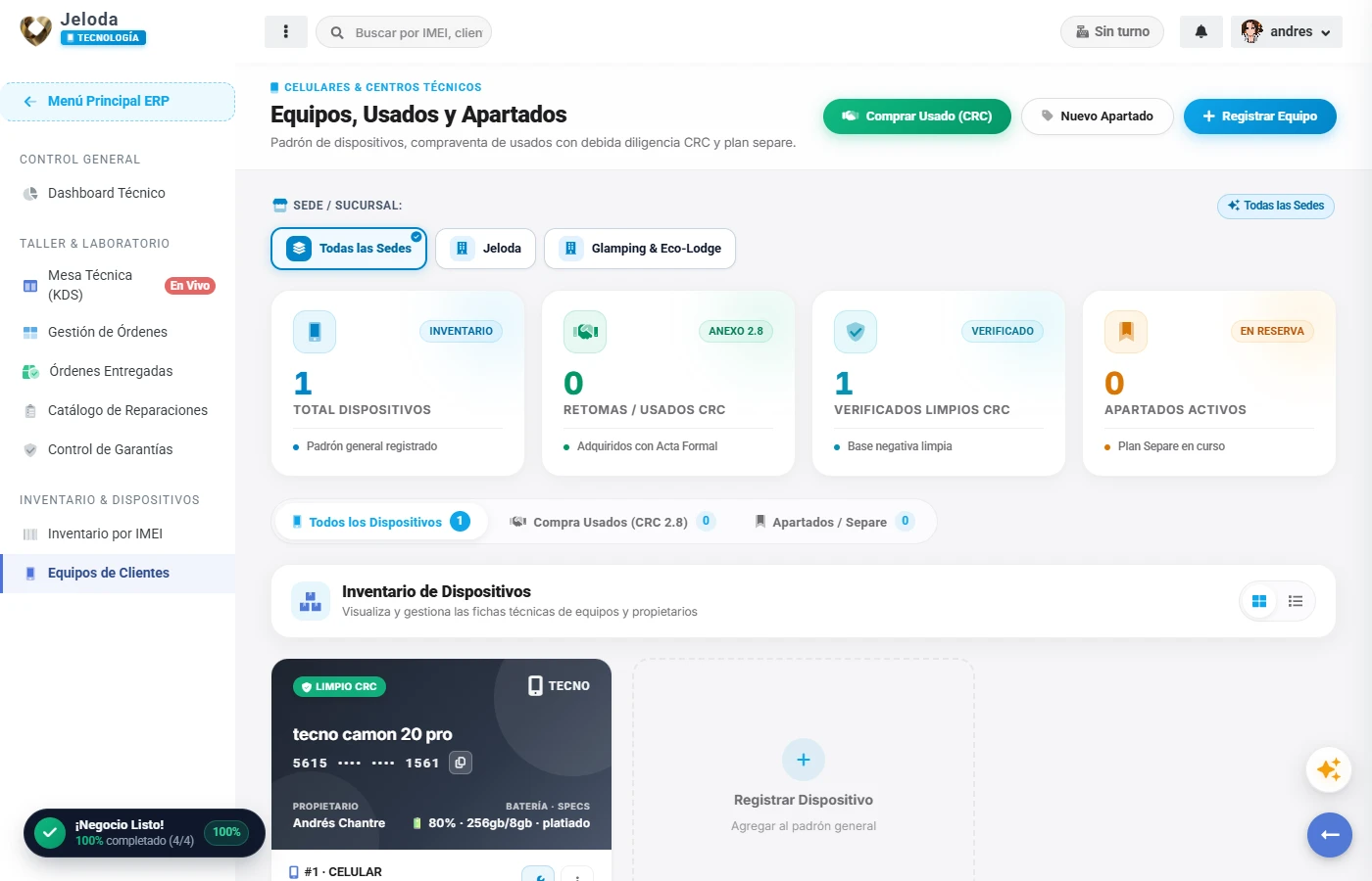Padrón de equipos de clientes e historial de reparaciones Jeloda