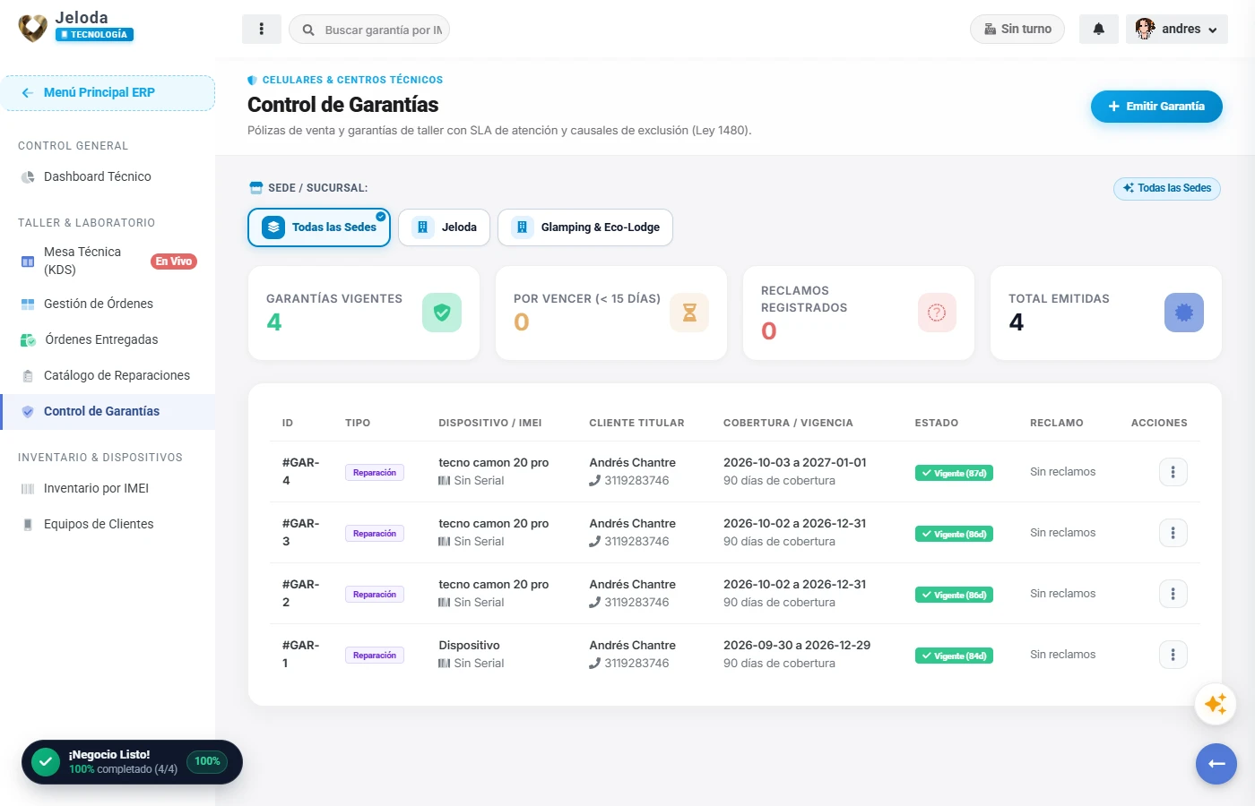 Control de garantías y facturación electrónica para talleres de celulares Jeloda