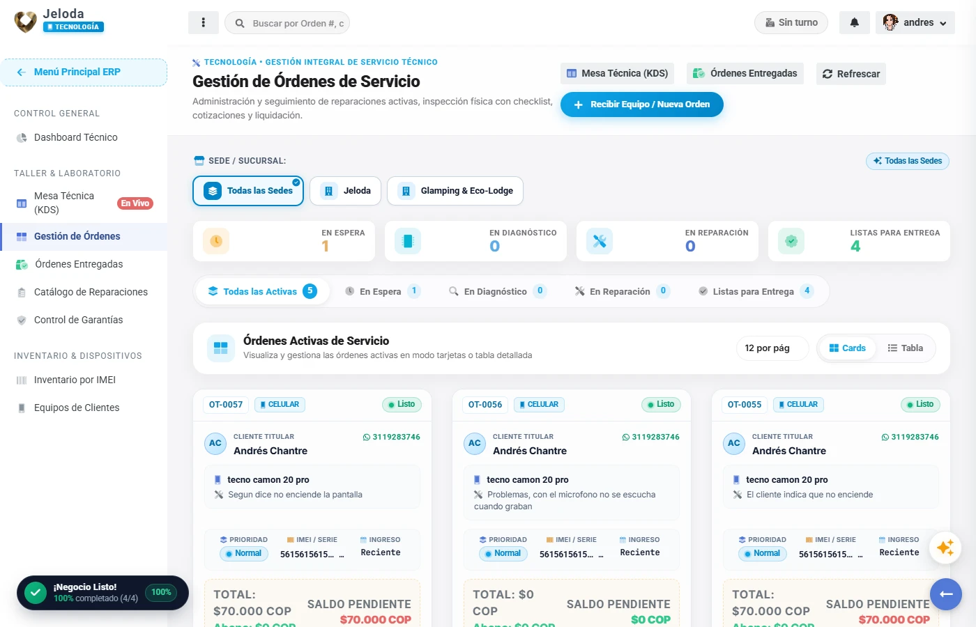 Gestión de órdenes de servicio técnico y celulares Jeloda
